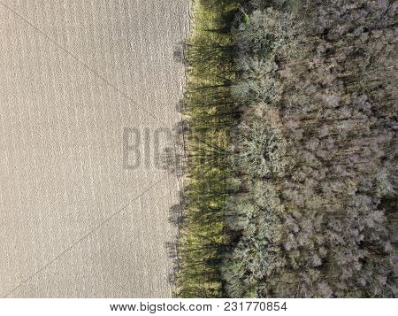 Aerial photo field woodland forest edge perimeter earth silt soil winter rural countryside