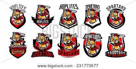A Collection Of Emblems, Logos, Badges, A Spartan With A Sword. Ancient Greek Warrior, Gold Armor, H