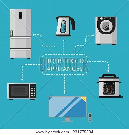 Household Appliances Banner With Electro Technics Illustration. Tv Cinema, Refrigerator, Washing Mac