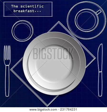 Set Of Two Realistic White Empty Flat Plates With Fork, Knife, Coffee Cup, Glass And Napkin. Top Vie