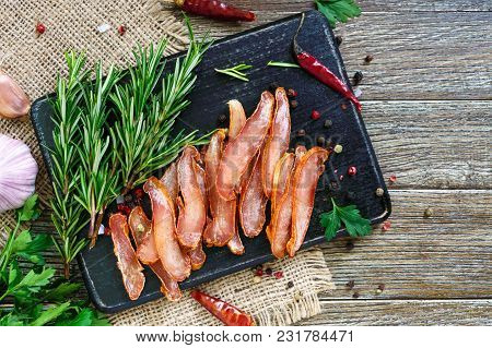 Basturma. Jerky. Pieces Of Meat With Red Pepper. Traditional Asian Meat Appetizer. Delicacy. Flat La