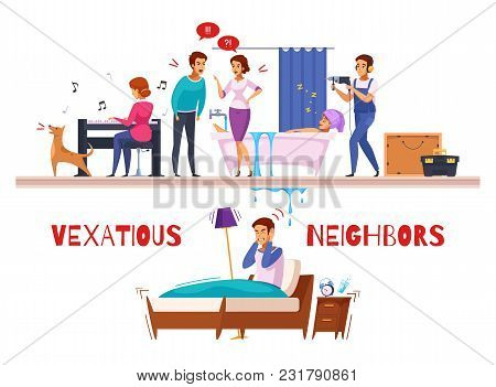 Neighbors Relations Cartoon Composition With Piano And Drill Sounds, Family Conflict, Flooding, Unha