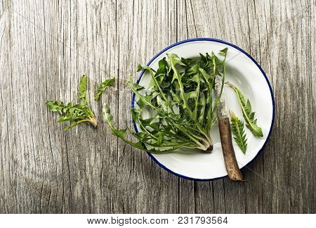 Fresh Dandelion Leaves On Wooden Background Overhead Shoot