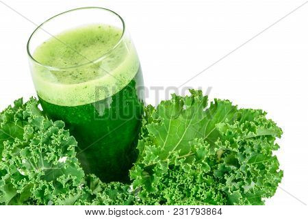 Healthy Smoothie With Green Kale In Glass Isolated On White Background