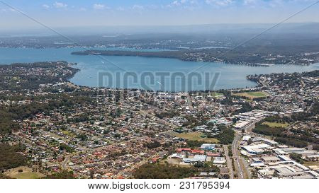 Aerial View Of Lake Macquarie And Warners Bay - Newcastle Australia. The Largest Coastal Lake In Aus