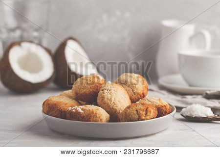 Healthy Vegan Homemade Coconut Cookies, Light Background. Healthy Vegan Food Concept.