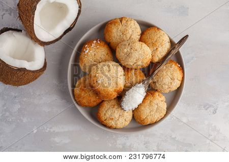 Healthy Vegan Homemade Coconut Cookies, Light Background. Healthy Vegan Food Concept.
