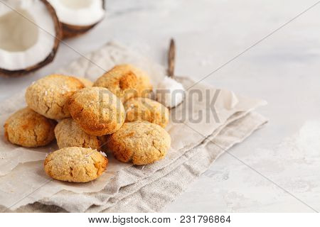 Healthy Vegan Homemade Coconut Cookies, Light Background. Healthy Vegan Food Concept.