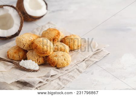 Healthy Vegan Homemade Coconut Cookies, Light Background. Healthy Vegan Food Concept.