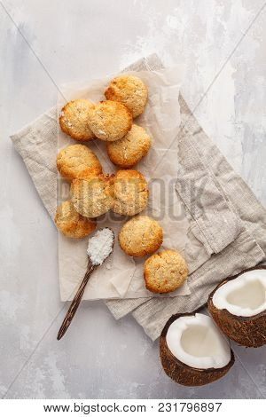 Healthy Vegan Homemade Coconut Cookies, Light Background. Healthy Vegan Food Concept.