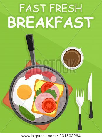 Dripping Pan With Fresh Breakfast. Omelette, Sausage, Sandwich And Coffee Cup