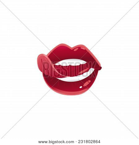 Vector Cartoon Woman Mouth With Sexy Lips Open, White Teeth And Sticking Out Tongue. Red Lipstick Ma