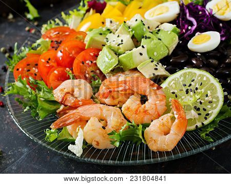 Healthy Salad Plate. Fresh Seafood Recipe. Grilled Shrimps And Fresh Vegetable Salad - Avocado, Toma