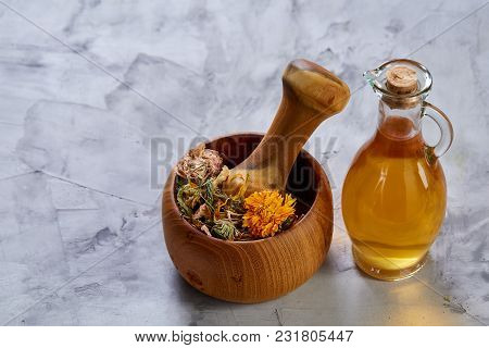 Spa Still Life With Flowers In Wooden Bowl On Light Textured Background, Top View, Close-up, Selecti