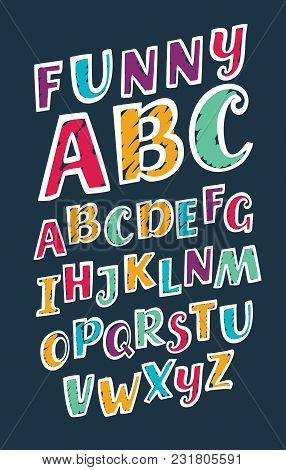 Vector Cartoon Illustration Of Hand Drawn Brush Ink Abc Letters Set In Different Colors. Slanted Tex
