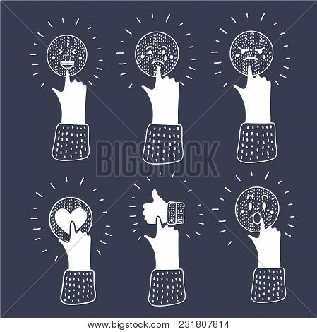 Vector Cartoon Illustration Of Communication Concept Social Media. Human Hand Push Icon. Face With E