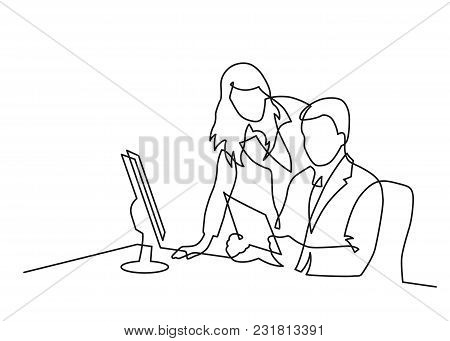 Continuous Line Drawing Of Man And  Woman Talking In The Office. Vector Illustration.