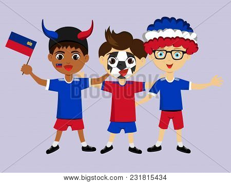 Fan Of Liechtenstein National Football, Hockey, Basketball Team, Sports. Boy With Liechtenstein Flag