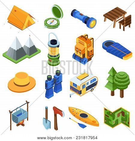 Isometric Camping Icon Set. Hiking Isometry Elements And Equipment Icons. Camp And Adventure Gear. M