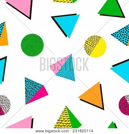 Colorful Geometric Seamless Pattern. Bright Background. 80's - 90's Years Design Style.
