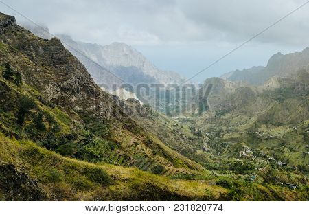 Gorgeous Panorama View Of A Fertile Paul Valley. Agriculture Terraces In Vertical Valley Sides, Rugg