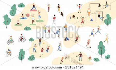 Group Of People Performing Sports Activities At Park - Doing Yoga And Gymnastics Exercises, Jogging,