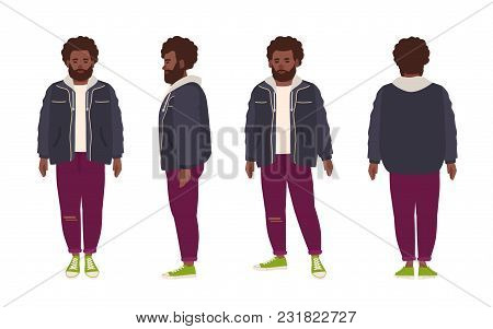 Thick Bearded African American Man Dressed In Jeans And Jacket. Fat Male Cartoon Character With Afro