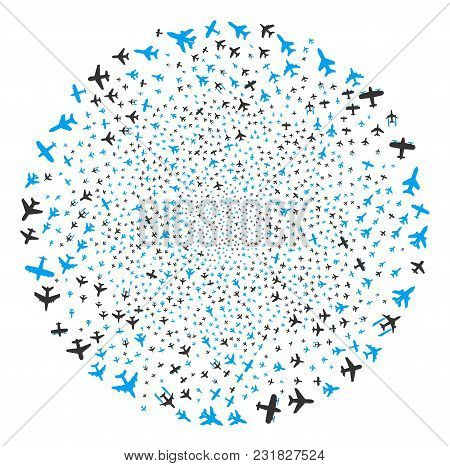 Airplanes Spiral Stream. Object Twirl Combined From Random Airplanes Symbols. Vector Illustration St