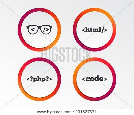 Programmer Coder Glasses Icon. Html Markup Language And Php Programming Language Sign Symbols. Infog