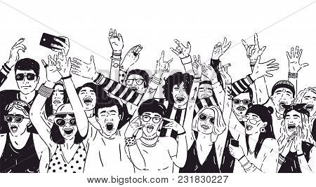 Crowd Of Excited People Or Music Fans With Raised Hands. Spectators Or Audience Of Summer Open Air F