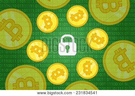 Bitcoin Security Background. Crypto Coins Around Lock On Green Background With Binary Code Pattern. 