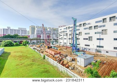 Construction Site With Foundation, Ground Works In Progress At Eunos, Singapore