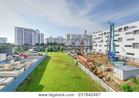 Construction Site With Foundation, Ground Works In Progress At Eunos, Singapore