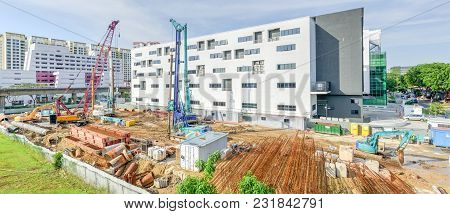 Construction Site With Foundation, Ground Works In Progress At Eunos, Singapore