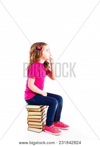 Very Smart Girl Kis In Pink Clothes Sit On The Books Isolated On White