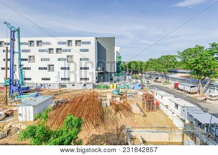 Construction Site With Foundation, Ground Works In Progress At Eunos, Singapore