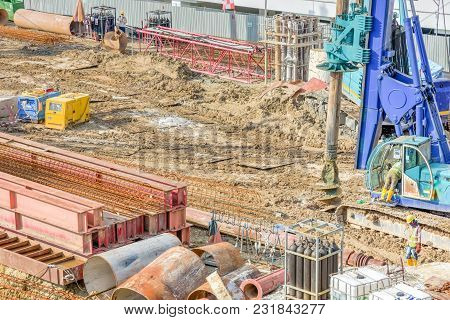 Construction Site With Foundation, Ground Works In Progress At Eunos, Singapore