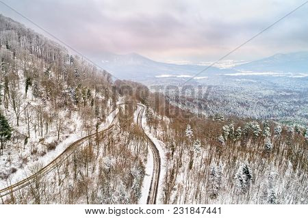 Aerial View Of A Forest In The Vosges Mountains In Winter. Alsace, France