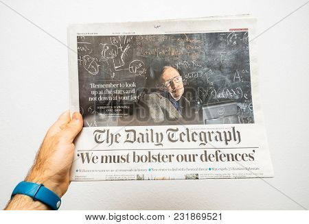Paris, France - Mar 15, 2018: Pov At International Newspaper The Daily Telegrph With Portrait Of Ste