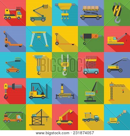 Lifting Machine Equipment Icons Set. Flat Illustration Of 25 Lifting Machine Equipment Cargo Vector 
