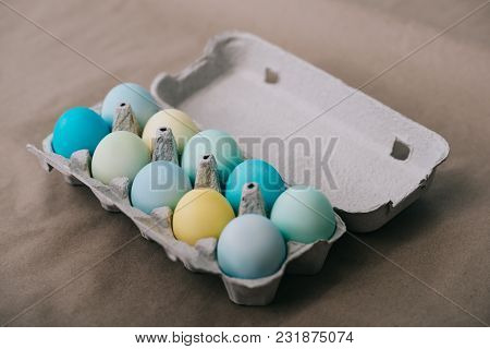 View Of Multi-colored Easter Eggs In Cardboard Pack