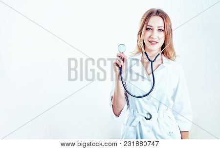 Emale Doctor On Duty Welcoming Patient At The Hospital, Friendly Professional, Healthcare