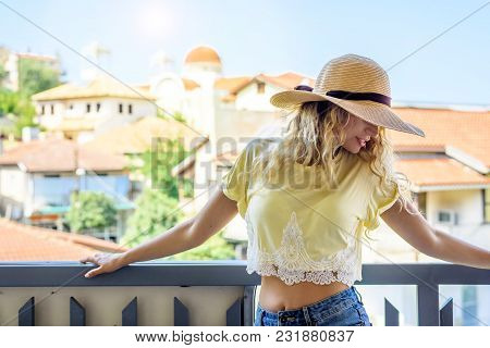 Tourist Girl In Kakopetria, Cyprus. Summer Journey Travel