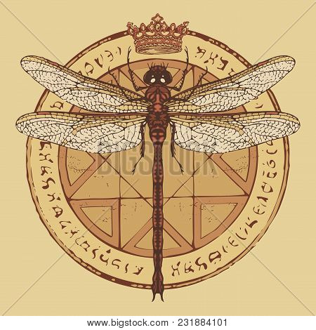 Illustration Of A Dragonfly And Crown On A Circle With An Octagonal Star, Magical Inscriptions And S