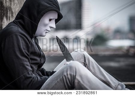 Mystery Man In White Mask Considering Suicide With Knife, Depression Self Destruction Suicidal Addic