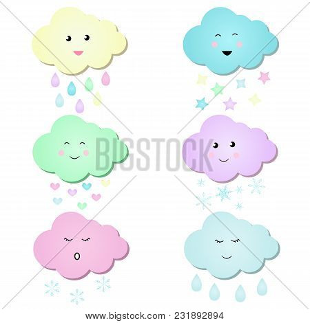 Cute And Fun Colorful Clouds Vector Illustration For Kids.  Iisolated Design For Sticker, Patch, Scr