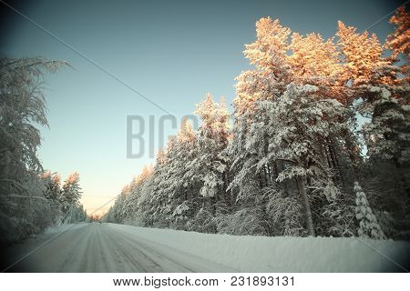 Icy Road In Vaesterbotten In Northern Sweden