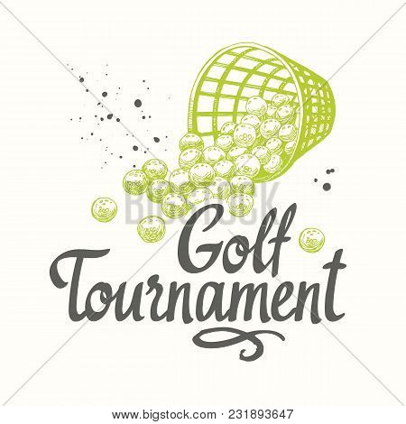 Golf Basket With Balls. Vector Set Of Hand-drawn Sports Equipment. Illustration In Sketch Style On W