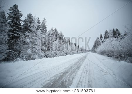 Icy Road In Vaesterbotten In Northern Sweden