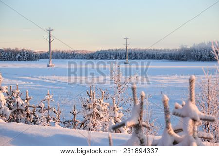 View Over The Lake Menstraesket With Ropeway In Vaesterbotten, Sweden